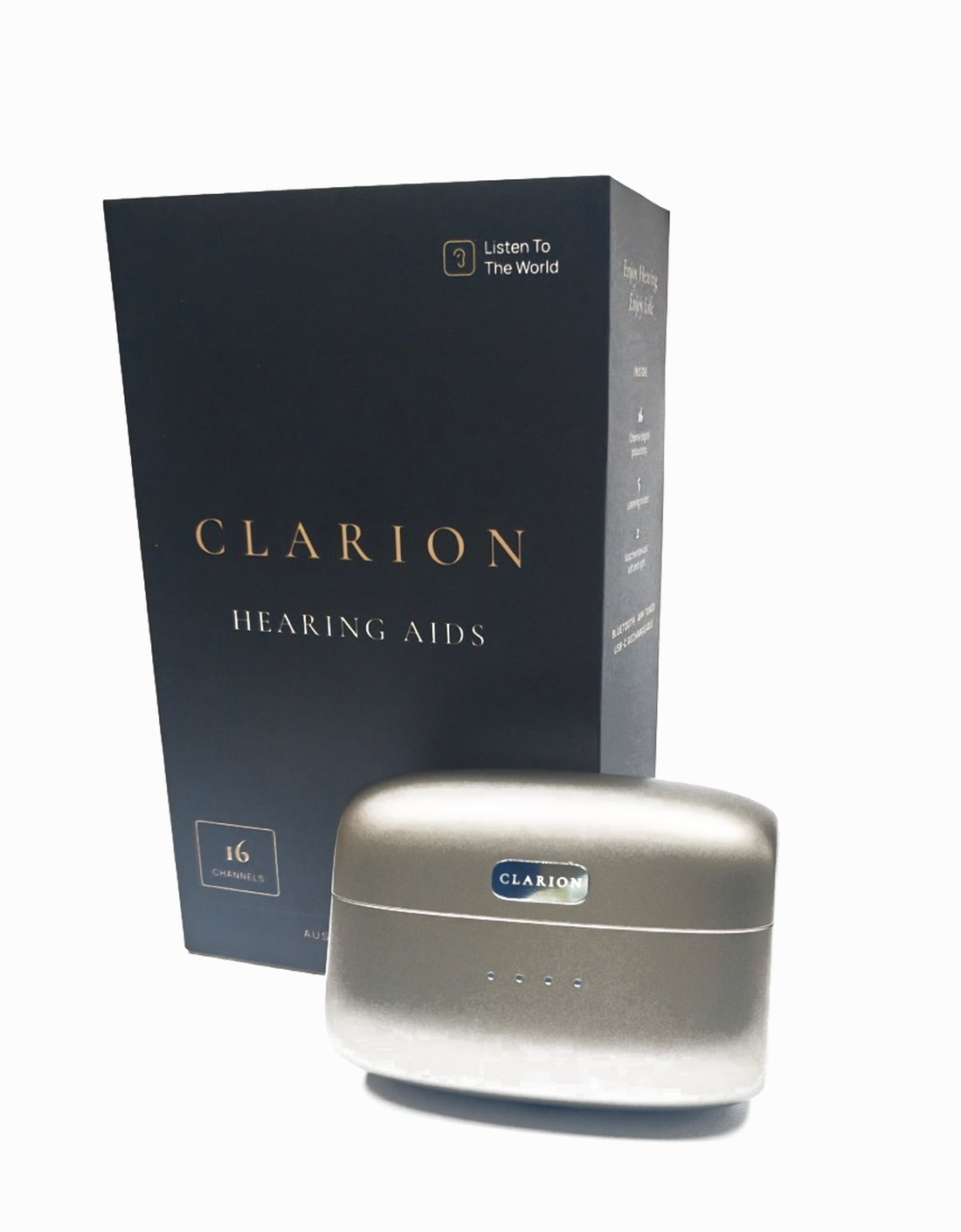 The retail box standing behind the beige charging case.