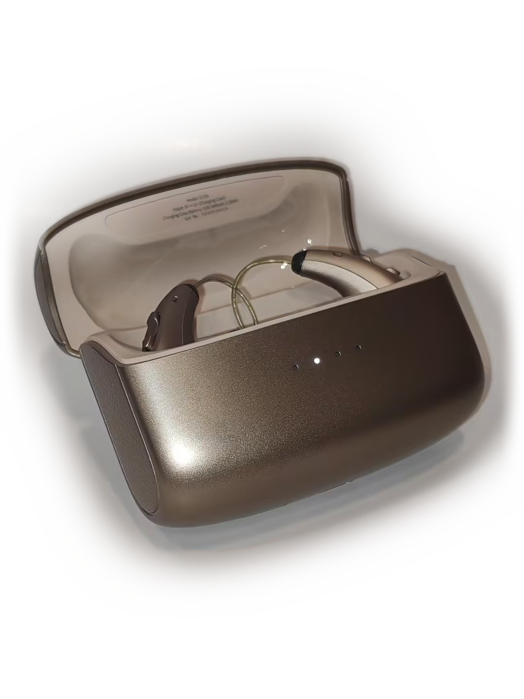 The case open, both hearing aids seated in their cradle ready to wear.