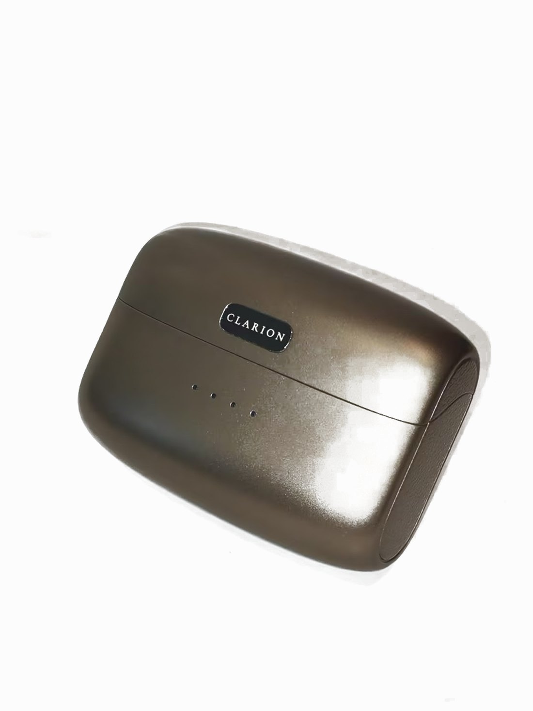 The charging case at a three-quarter angle, the CLARION nameplate catching the light.